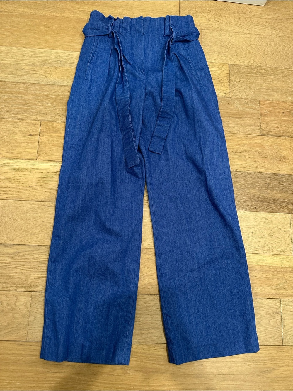 Sezane Arthur Tie Waist Wide Leg High Rise Chambray Blue Pants Size 36